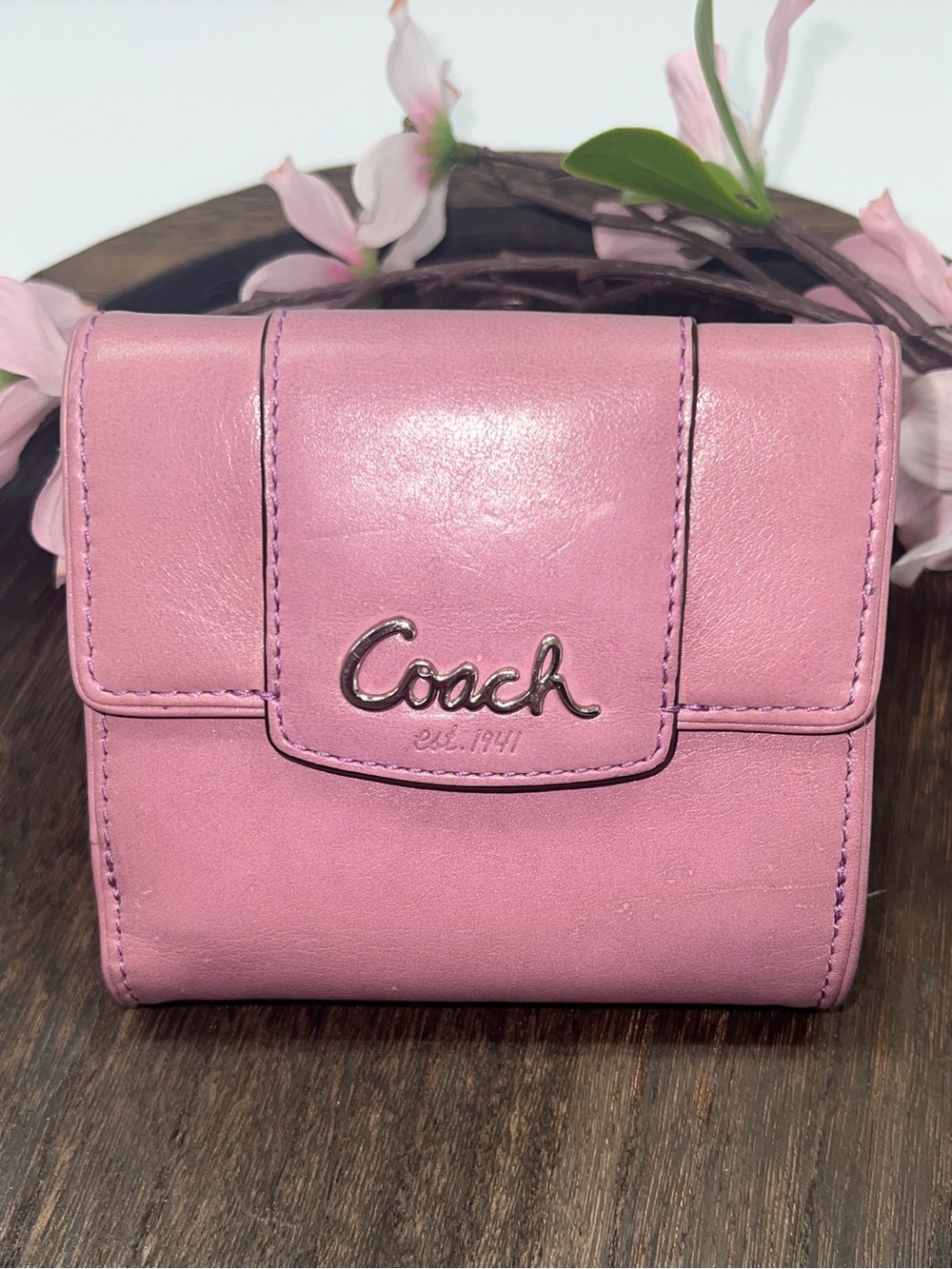 Vintage Coach Iris Purple Foldover Snap Wallet With Signature Canvas Interior